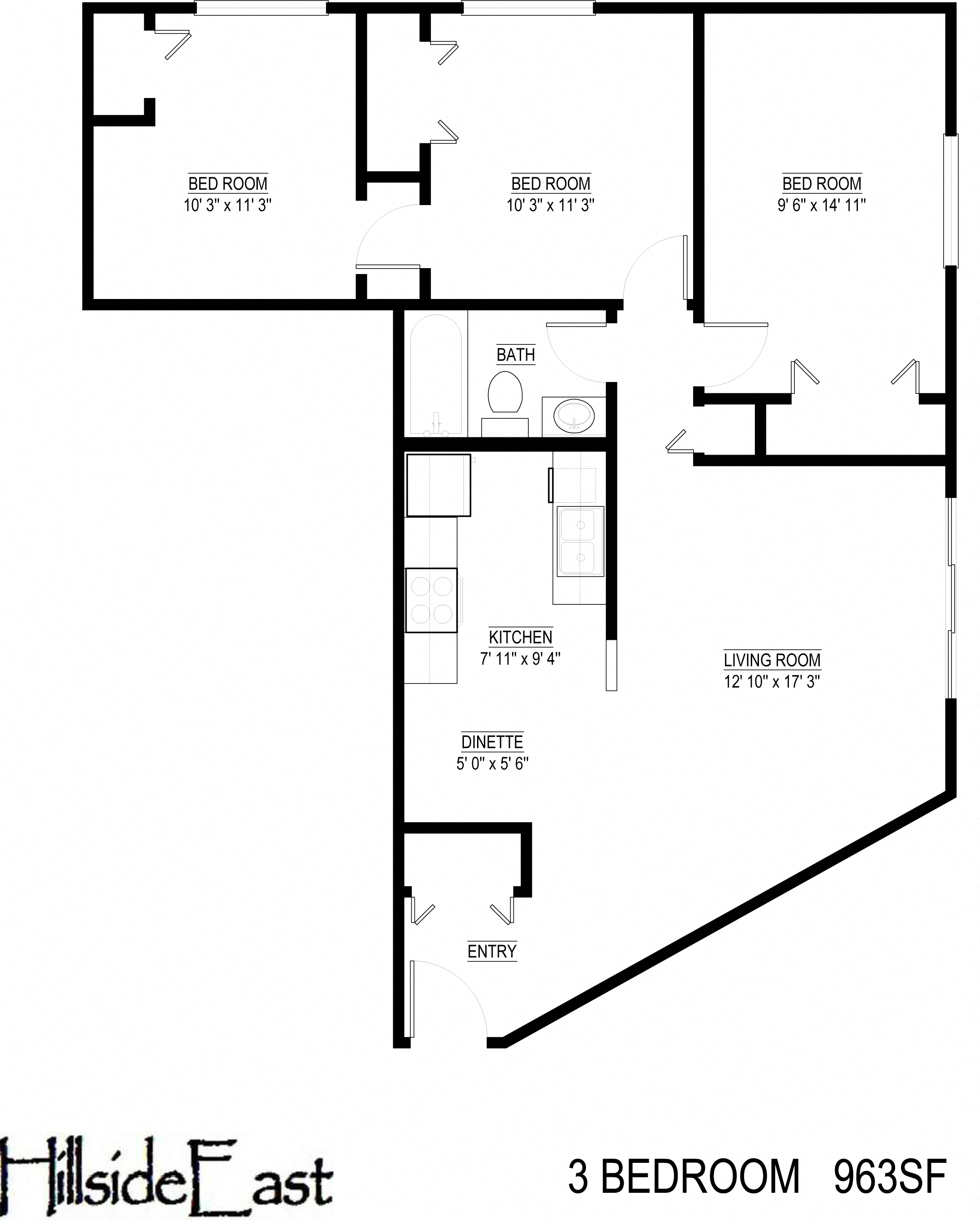 Floor plan for 3 beds, 1 bath, 963 sqft